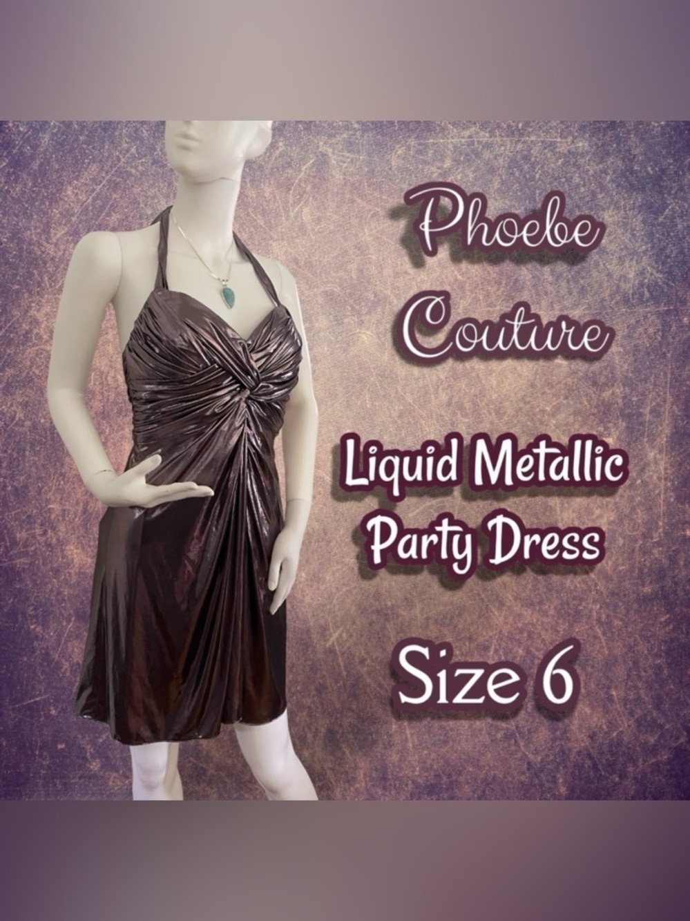 Phoebe Couture Liquid Chrome Metallic Knot Halter Stretch Cocktail Dress Size 6